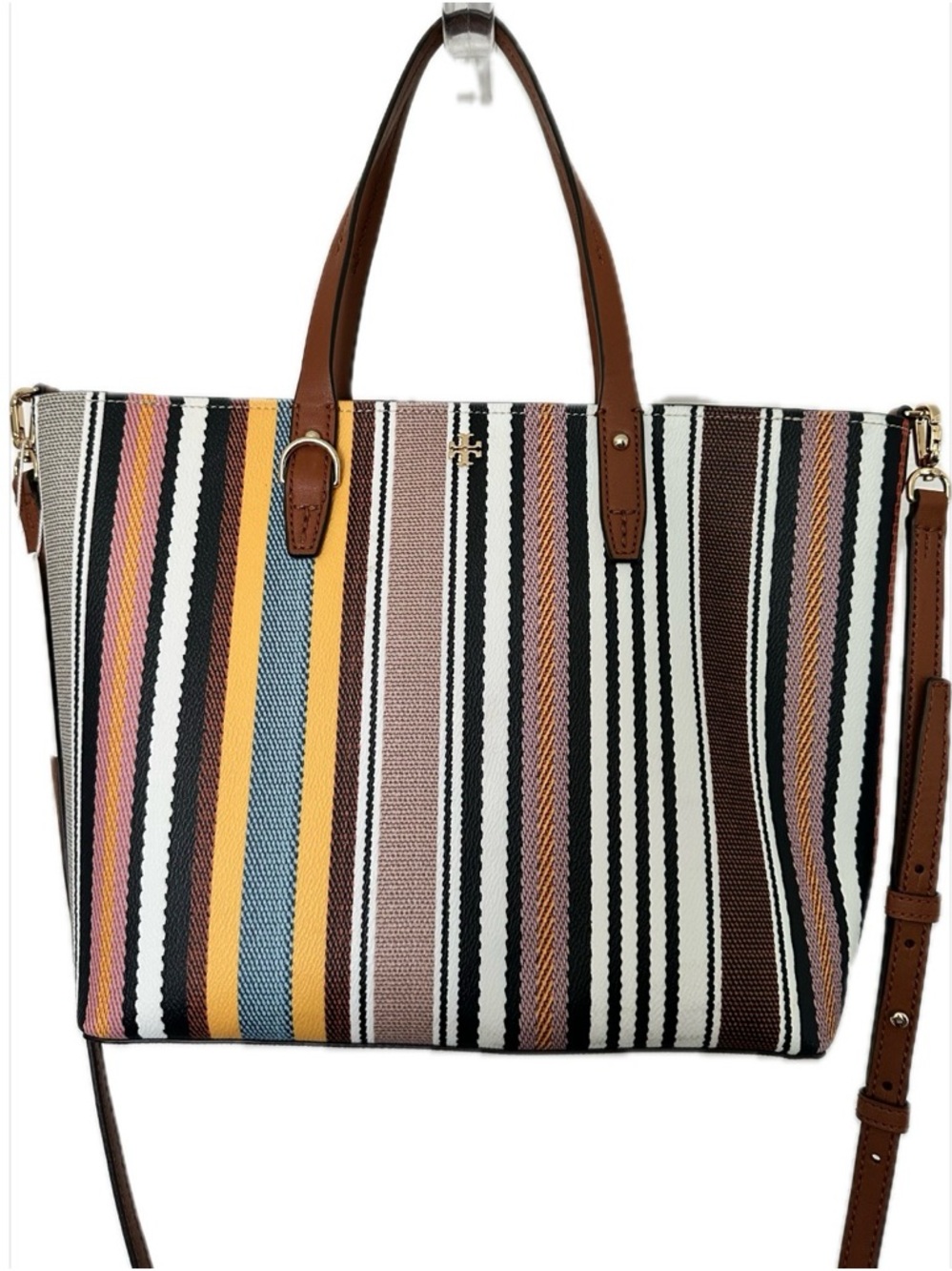 NWT ❤️ Tory Burch Kerrington Small Striped Canvas Tote Leather Trim - MSRP $248